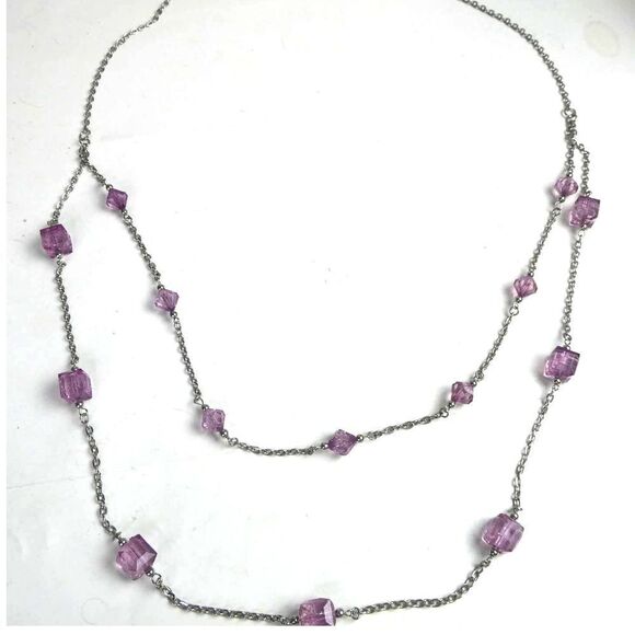 Silver Tone Purple Double Multi Strand Chain Beaded Necklace Plus Size 35.5" - Picture 1 of 11